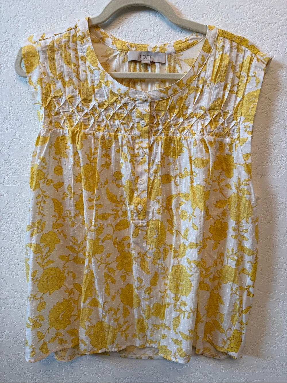 LOFT White and Yellow Floral Smocked Button-Front Camisole